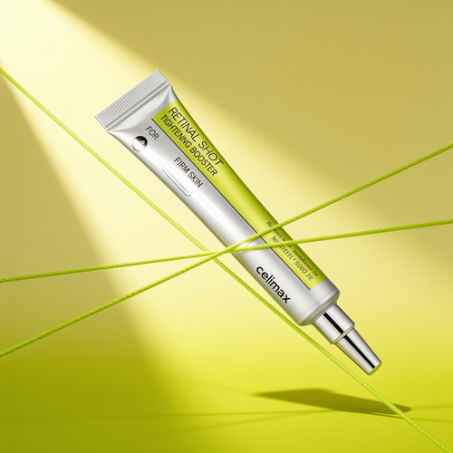 Tube Celimax Vita-A Retinal Shot en diagonale sur degrade chartreuse graphique